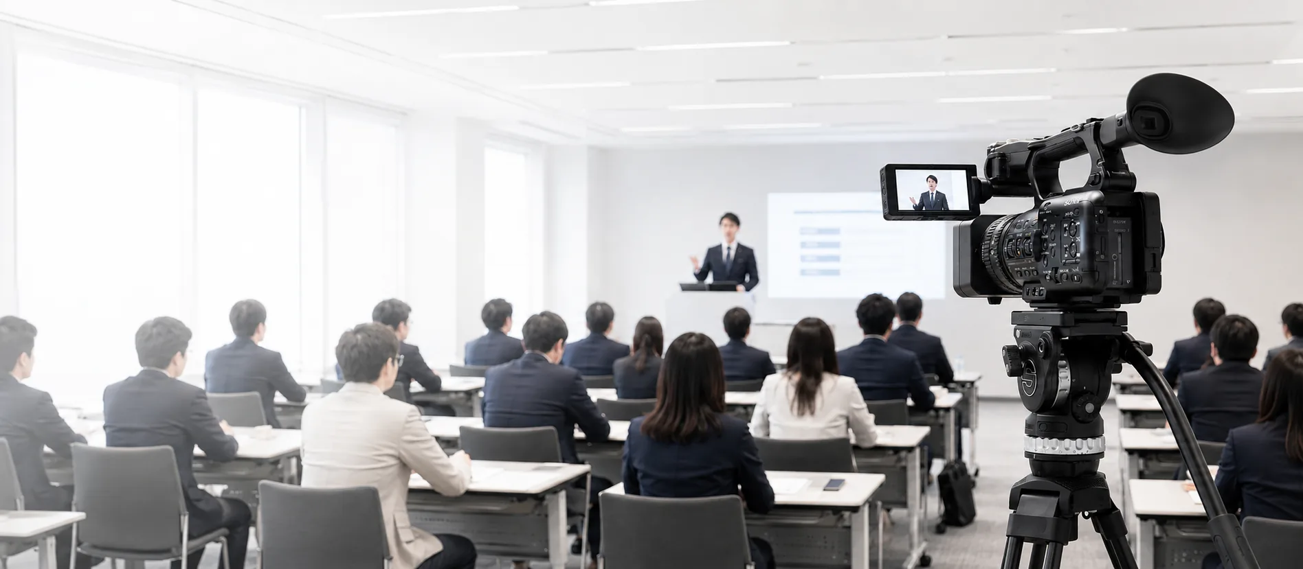 学会・セミナー・講演会の動画撮影現場。明るい会議室で業務用カメラを使い講師を収録している様子