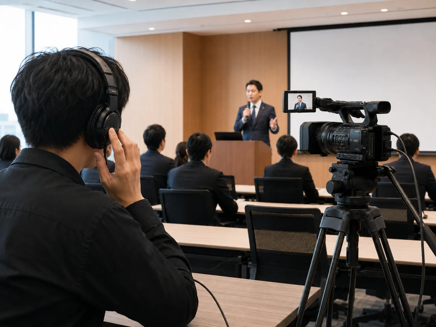 セミナー会場で撮影スタッフが音声とカメラを確認している収録現場