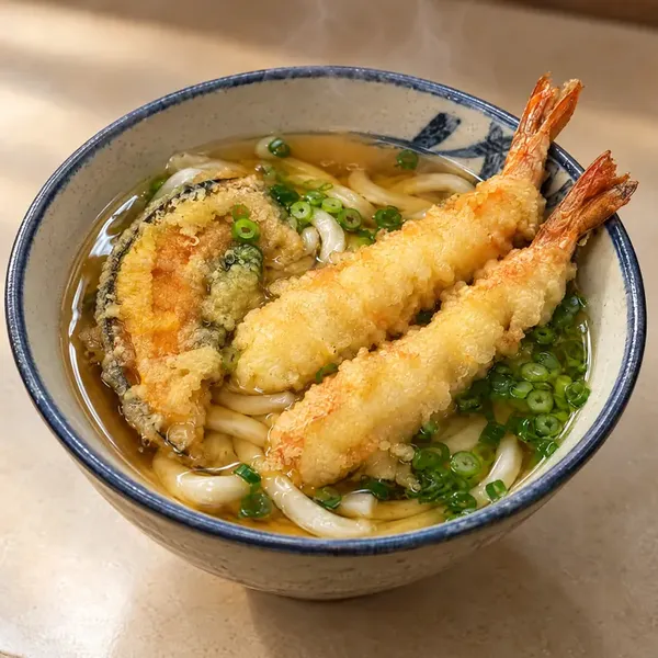 湯気の立つ天ぷらうどん