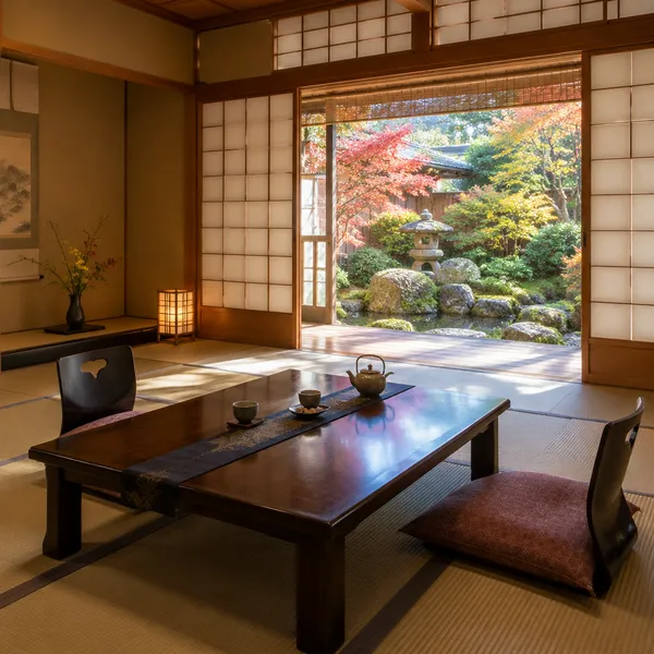 障子の向こうに紅葉の庭が見える旅館の和室