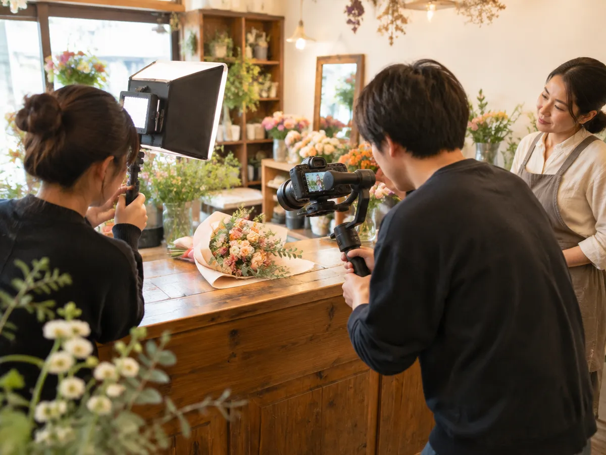 小さなカメラと照明1灯で、店内の商品を撮影している様子