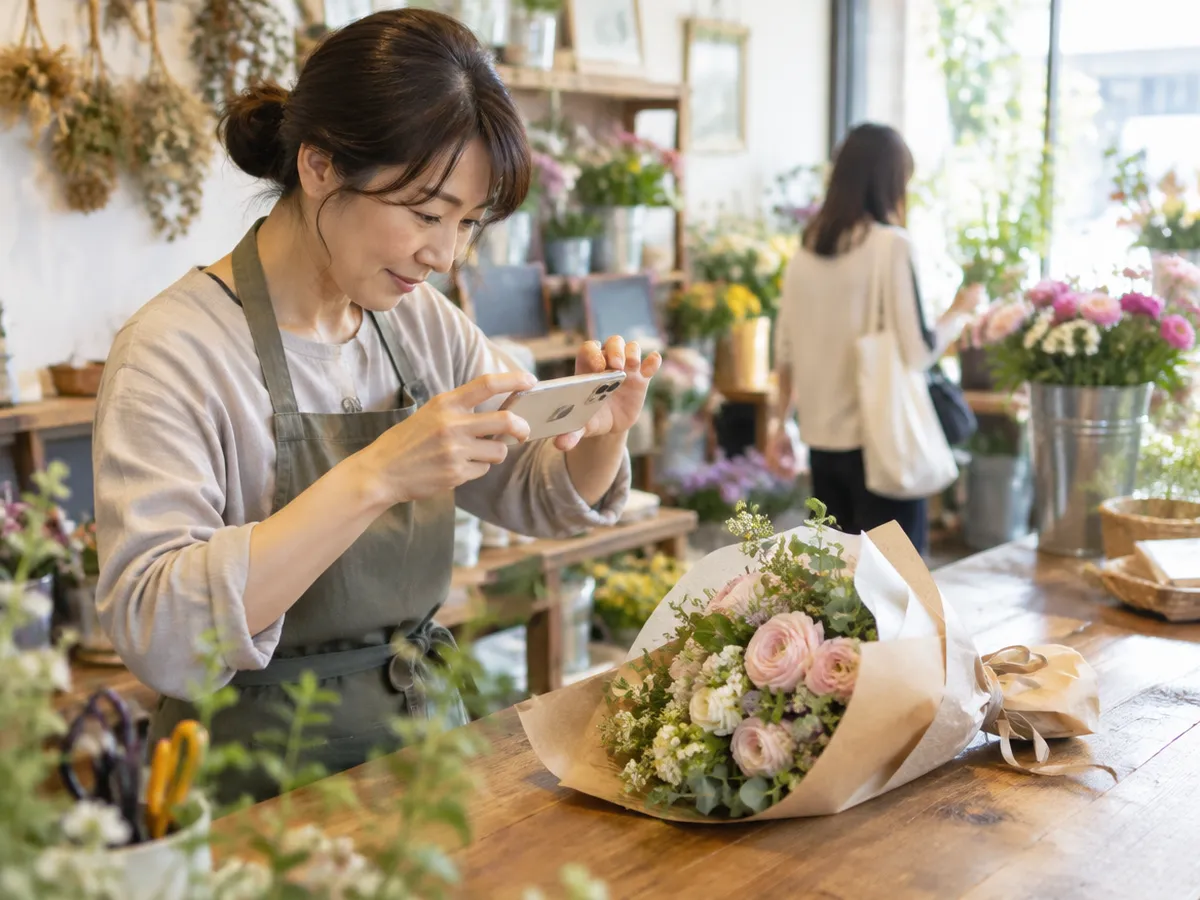 営業中のお店で、店主がカウンターの商品をスマホで撮影している様子