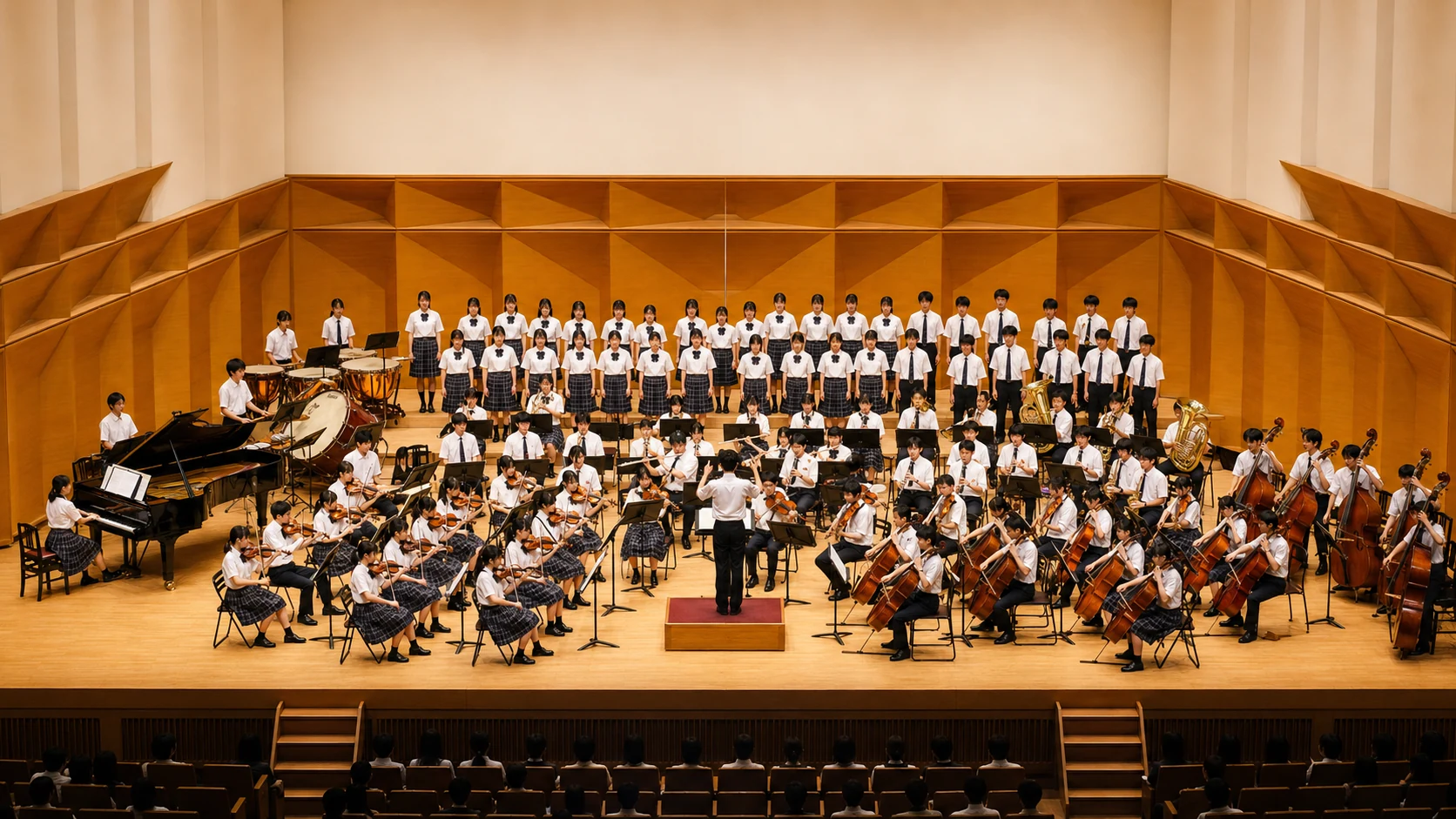 ホールの広いステージで合唱する学校合唱団｜全国出張対応の演奏会DVD撮影