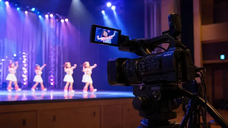 業務用ビデオカメラで出演者の表情と見せ場を撮影するアップカメラ映像