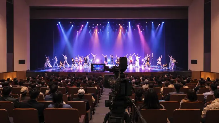 名古屋のダンス発表会でフォーメーションとステージ全体を記録する全景カメラ映像