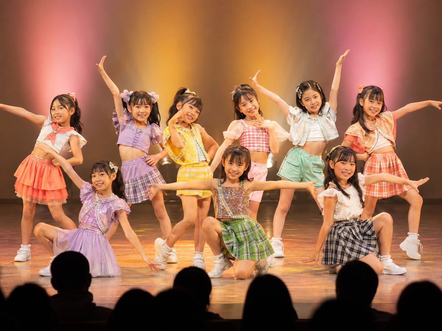 キッズダンサーがステージでフォーメーションを作って踊る様子
