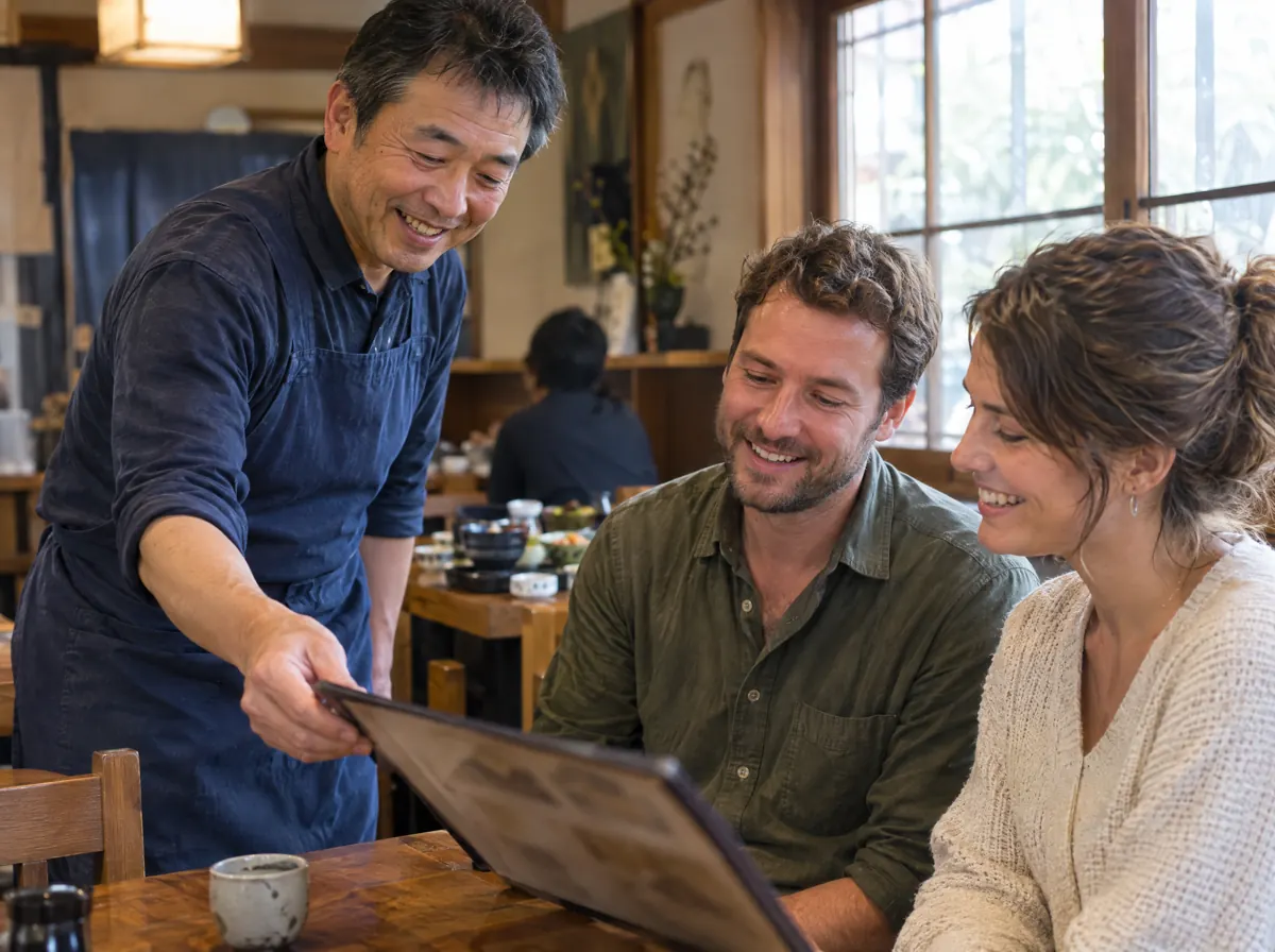 お店の方が、外国人のお客様にメニューを手渡している様子