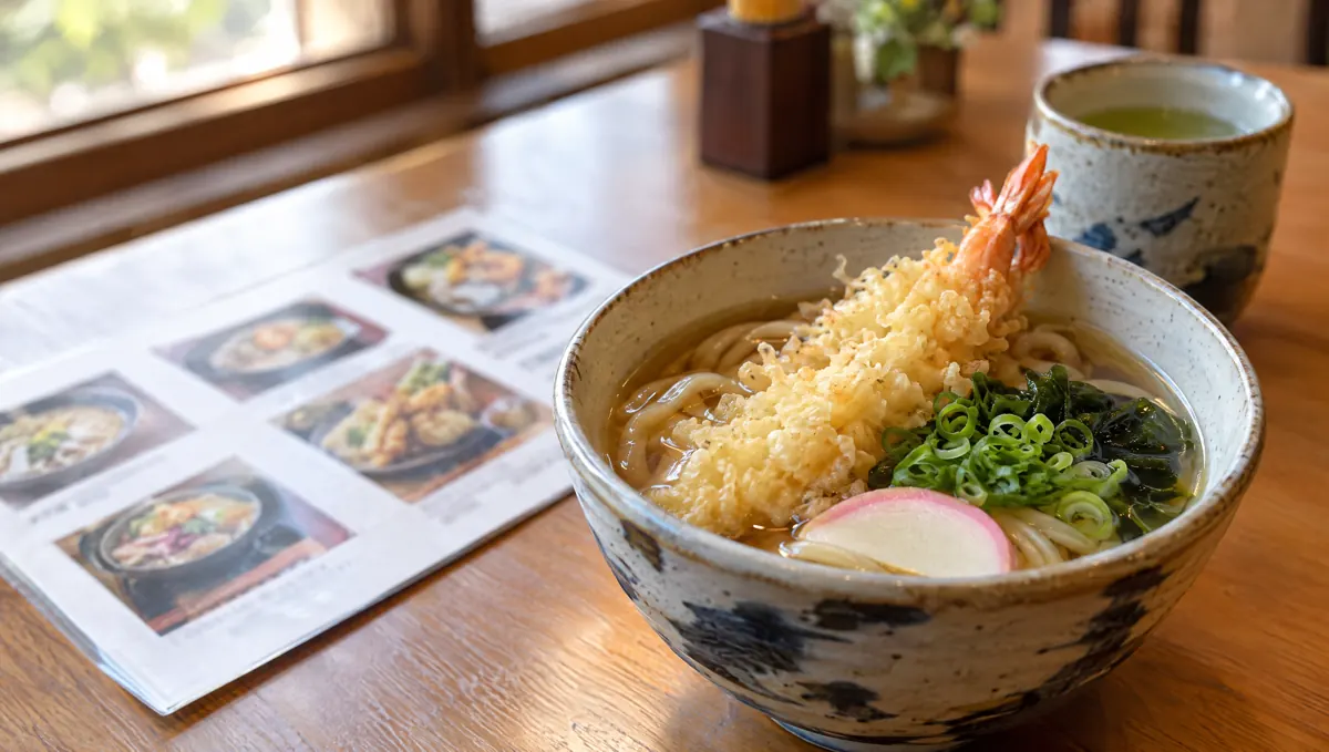 テーブルに置いた英語メニューと、天ぷらうどんと緑茶
