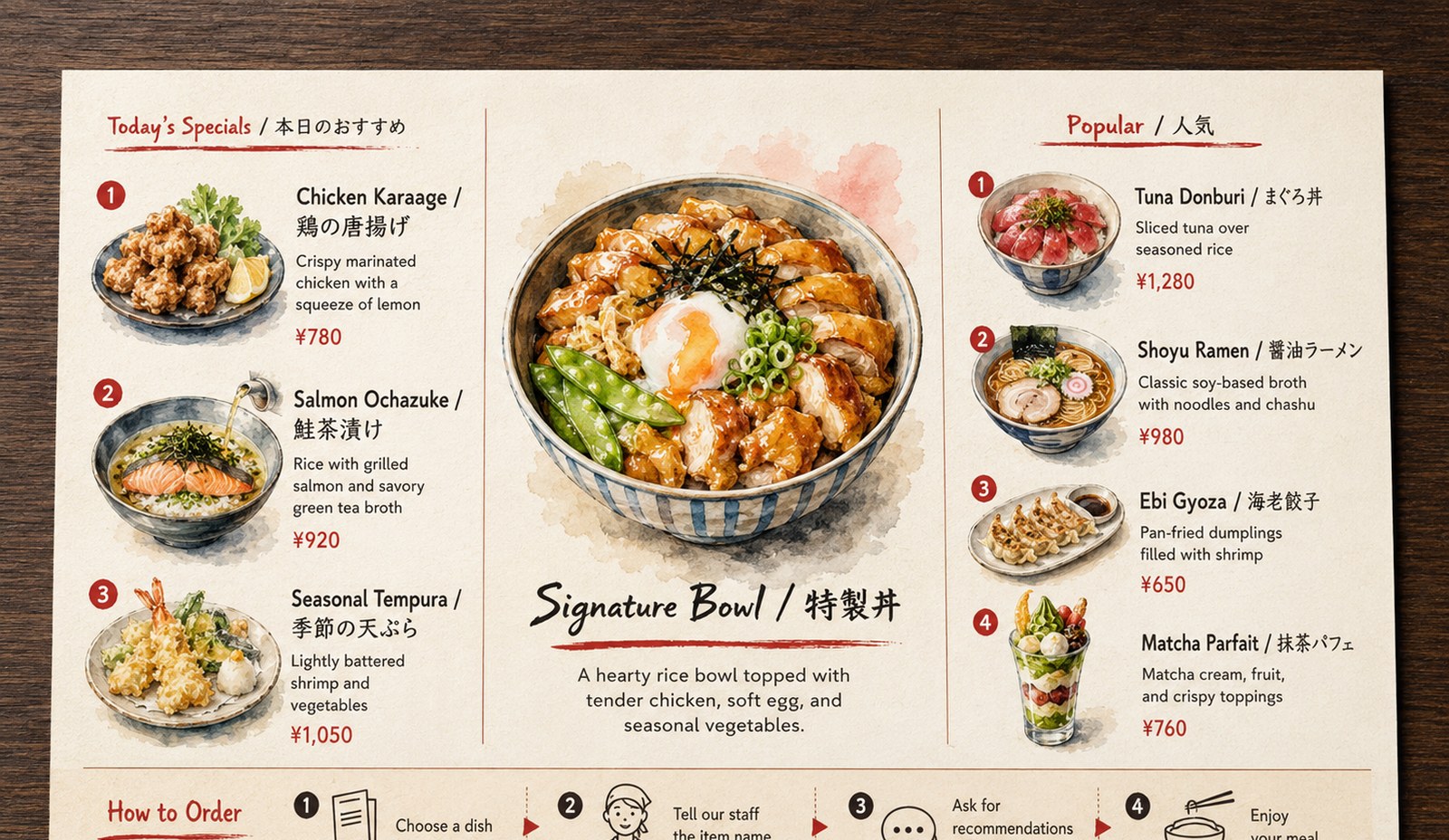 飲食店向けメニュー制作の見本|英語・日本語併記の多言語メニューデザイン