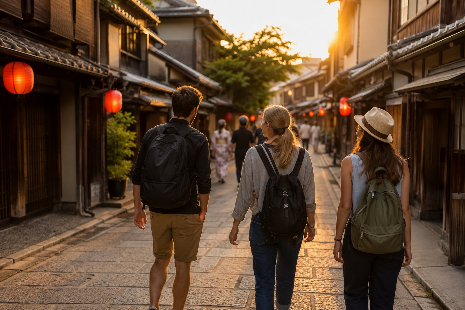 京都の街並みを散策する外国人観光客|観光地のインバウンドPR動画制作イメージ
