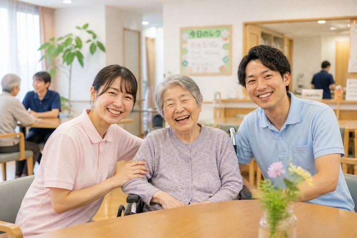 介護・福祉採用動画のイメージ。利用者とスタッフが笑顔で過ごす施設
