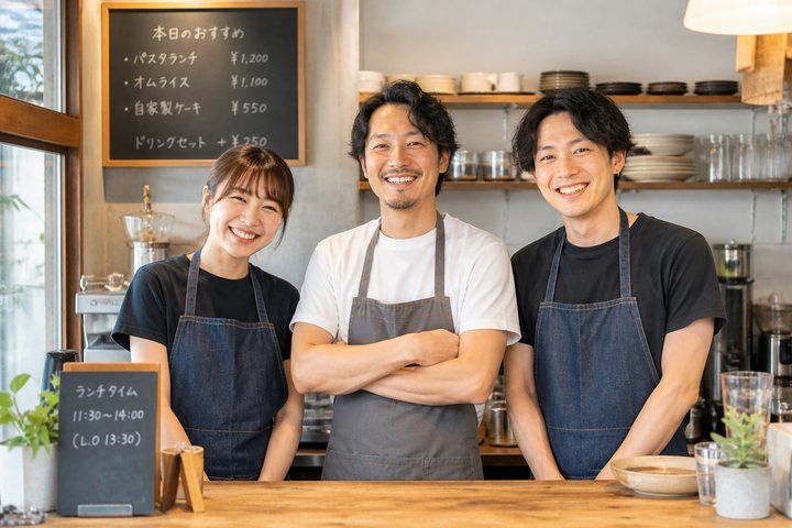 飲食店・カフェ採用動画のイメージ。店内で笑顔のスタッフが並ぶ様子